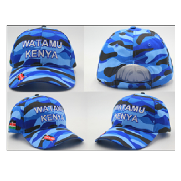 Cap Watamu Kenya, Embroidered, Camouflage Blue With Kenya Flag On Side & Shield In Front